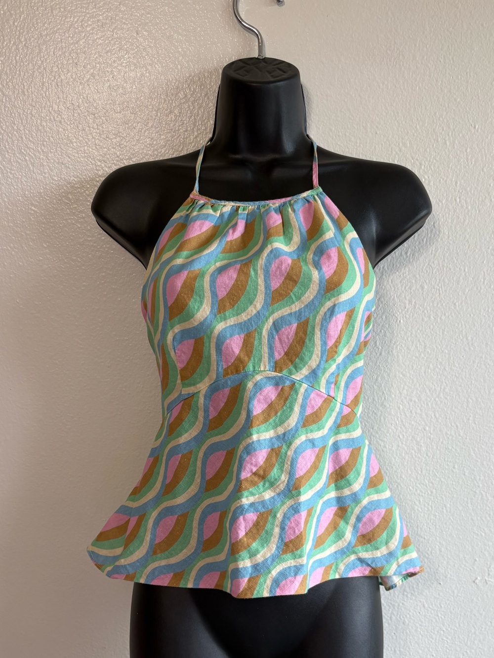 RIXO Size 8 Rory Halter Top Linen Pastel Geometric Resortwear Summer Travel